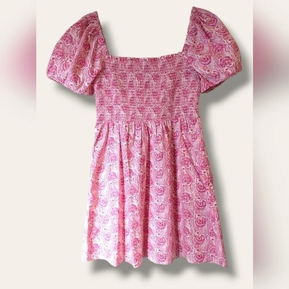 J. Crew Pink Floral Smocked Square Neckline Puff Sleeve Flowy Poplin Mini Dress